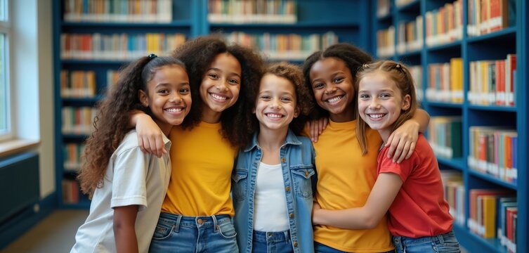 Diverse group of happy young students embrace in school library. Friends share smiles near bookshelves, showing camaraderie and joy in learning together. Pupils enjoy reading and education.