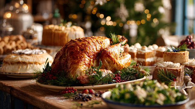 Christmas meal served on the table, Baked turkey with salads cakes and bread on the side with christmas decoration background