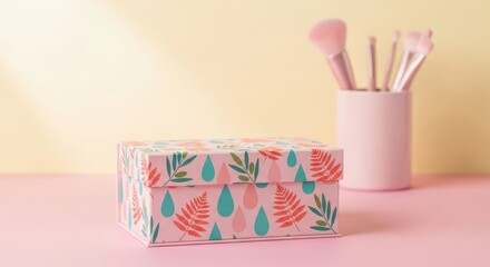 Charming floral patterned storage box with makeup brushes in a pink holder on a pastel background