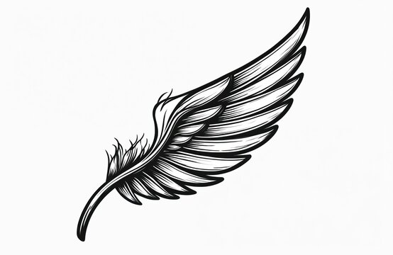 Black, white illustration of wing with feathers. Minimalist line art design of single wing. Wing icon in simple black lines on white background. Feathered wing in linear style. Abstract wing symbol