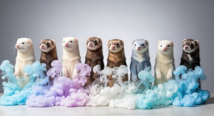 A whimsical lineup of adorable ferrets adorned with colorful smoke clouds creating a magical and enchanting visual spectacle