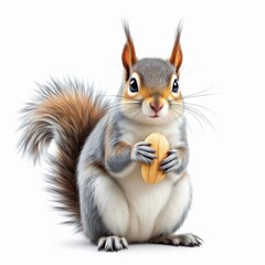 Obraz premium Adorable squirrel sitting upright and holding a peanut, isolated on white background, showcasing its fluffy tail and expressive eyes