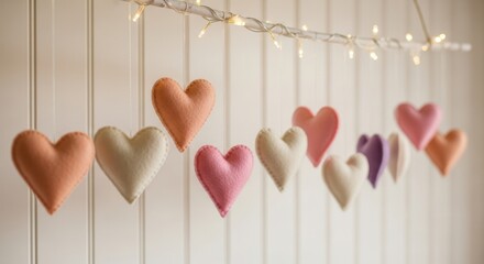 Delicate fabric hearts in soft pastel colors strung together with fairy lights creating a charming wall decoration