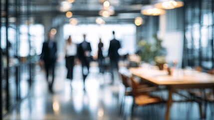 Fototapeta premium Modern office space with blurred figures of busy professionals walking, perfect for corporate branding and conveying a sense of dynamic teamwork