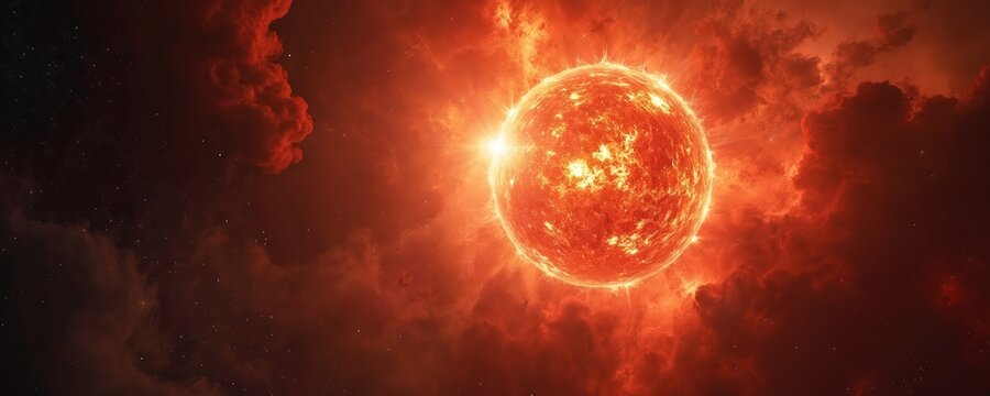 Massive red supergiant star glows intensely with stellar flares erupting outwards. Nebulae clouds surround the celestial body in deep space. Cosmic explosion and star death is imminent.