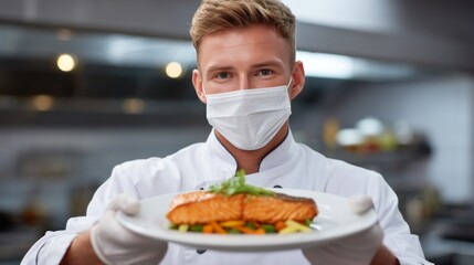 A skilled young chef, dressed in a crisp white uniform and mask, proudly displays a vibrant salmon dish on a plate