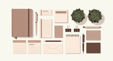 A flat lay composition of essential stationery items and green potted plants arranged neatly on a light background