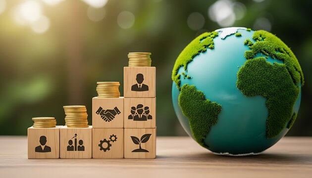 Sustainable business growth and global investment concept with stacked coins and earth globe