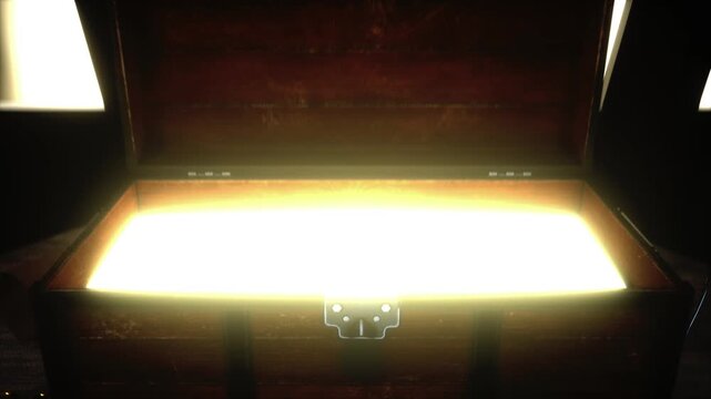 Mysterious Old Wooden Treasure Chest Emitting Bright Glowing Light Rustic Room with Skull and Scroll, Creating Sense of Wonder and Adventure as Light Streams Through Windows, Suggesting Hidden
