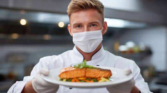 A skilled young chef, dressed in a crisp white uniform and mask, proudly displays a vibrant salmon dish on a plate - Powered by Adobe