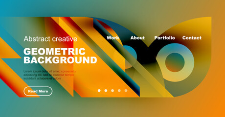 Bright abstract geometric background. Modern design features vibrant colors, shapes, text elements, navigation menu. Ideal for website headers or presentations.