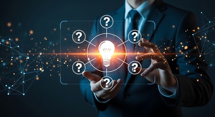 Businessman holding a glowing light bulb surrounded by question marks, symbolizing innovation and problemsolving in a digital network