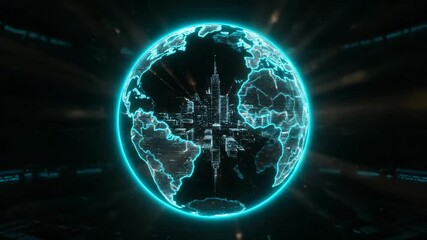 globe rotate in digital network. hologram outlines continent shapes. data stream forms bright connection between points. interface shows wireframe display and grid. render shows pulsing lines. - Powered by Adobe