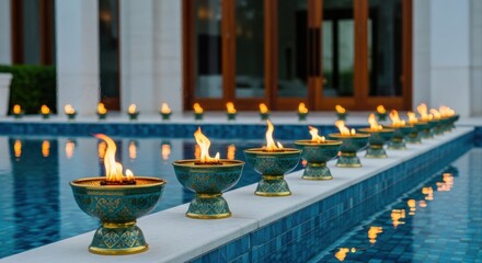 Row of illuminated oil lamps lining a swimming pool edge creating a serene and inviting ambiance at dusk