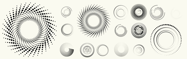 Fototapeta na wymiar Abstract circular halftones element set, geometric dotted ring and spiral circle shapes for modern design, technology, or motion graphic backgrounds. Dotted round elements, radial spirals, and vortex.