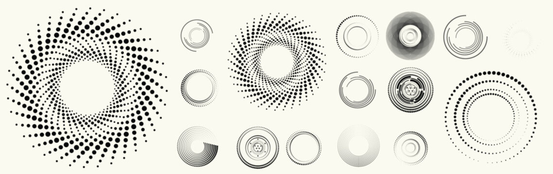 Abstract circular halftones element set, geometric dotted ring and spiral circle shapes for modern design, technology, or motion graphic backgrounds. Dotted round elements, radial spirals, and vortex.