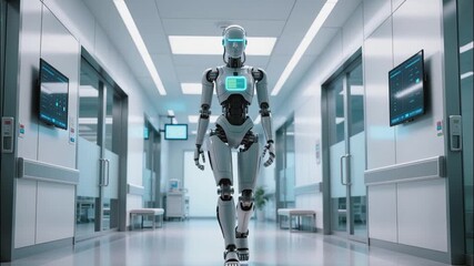 A humanoid medical robot walks down a bright, modern hospital corridor, suggesting advanced healthcare technology and futuristic clinical environments. - Powered by Adobe