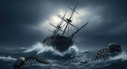Haunting silhouette of a spectral galleon battling stormy seas under a mysterious moonlit sky