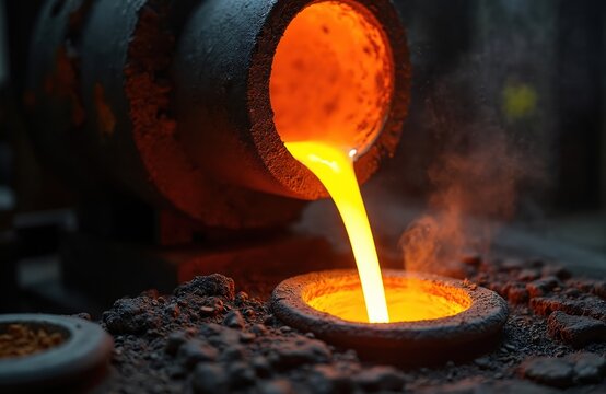 Molten metal pours from crucible into mold. Hot glowing liquid steel fills sand form. Industrial foundry process, hot liquid metalwork manufacturing.