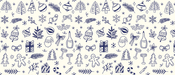 Seamless pattern with hand-drawn Christmas elements. Doodle design for winter holidays, greeting cards, gift wrapping, fabric, and textiles.