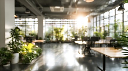 Fototapeta premium Inviting serene office space with lush plants creating a calming atmosphere for productive teamwork, perfect for wellness or innovative company branding.