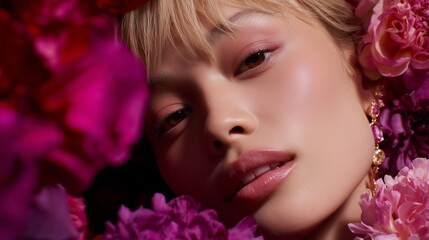 Naklejka premium Portrait of a woman surrounded by vibrant flowers in an artistic, floral setting