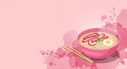 Vibrant pink watercolor background with a delicious bowl of ramen and chopsticks