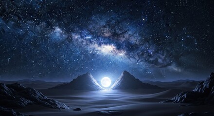 Mysterious glowing portal between ancient pyramids under a vast star filled milky way galaxy