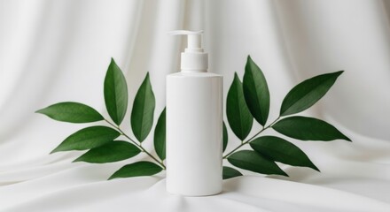 A minimalist white pump bottle of skincare product elegantly displayed with fresh green leaves on a draped white fabric