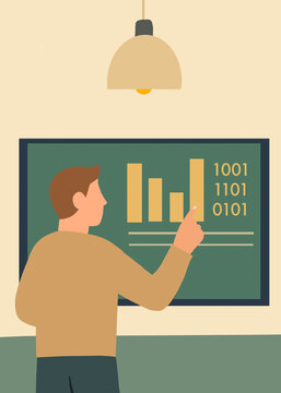 Professional presenting data analysis binary code and statistics