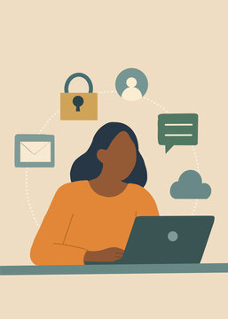 Person working on laptop with cyber security and privacy icons