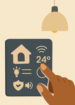 Hand using smart home thermostat touchscreen for temperature control