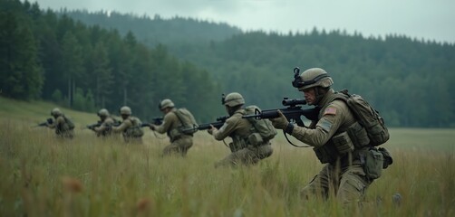 Soldiers in tactical gear advance across a grassy field during a military exercise. They wear helmets and carry rifles, moving in formation through a wooded area with hills in the background.