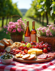 Obraz premium Elegant picnic setup in vineyard with wine, cheese, fruit, and cured meats. Basket with pink flowers and checkered cloth complete the scene.