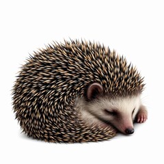 Obraz premium A sleeping hedgehog curled up in a ball isolated on white background, showcasing its spiky quills and peaceful expression