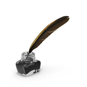 Dark feather quill and ink bottle combination on transparent background