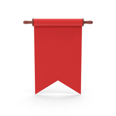 Vertical red paper scroll hanging with wooden rods on transparent background