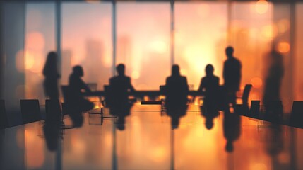 Dynamic business team meeting silhouette against vibrant sunset backdrop in modern office, fostering collaboration and strategic planning for success