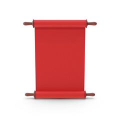 Classic vertical red hanging scroll with wood rods on transparent background