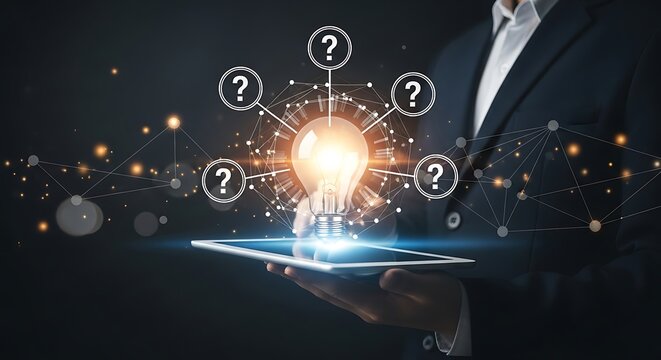 Businessman holding a tablet with a glowing light bulb and question marks symbolizing ideas and problem solving - Powered by Adobe