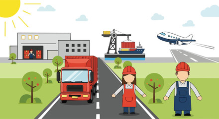 Fototapeta premium Pixelated workers overseeing logistics with truck cargo ship and airplane in sunny daytime scene