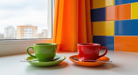 Two colorful coffee cups sit on a windowsill with bright curtains and a city view outside
