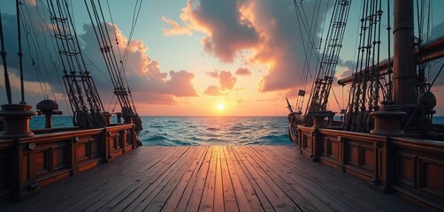 Empty wooden pirate ship deck at sunset. Masts, rigging frame vast ocean view. Calm blue sea waves under dramatic sky. Historic vessel sails.