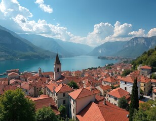 Overview of a coastal town with terracotta roofs nestled by a vast blue lake and mountains. Buildings line the waterfront under a clear sky with fluffy clouds.
