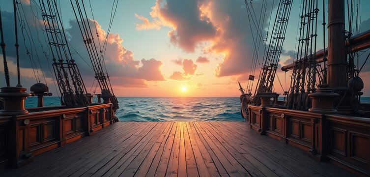 Empty wooden pirate ship deck at sunset. Masts, rigging frame vast ocean view. Calm blue sea waves under dramatic sky. Historic vessel sails.