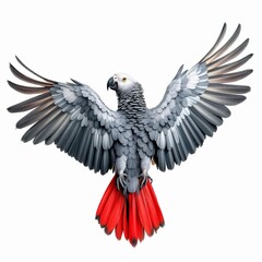 Obraz premium African grey parrot spreading its wings isolated on white background, a beautiful bird with grey feathers and red tail, ready to fly