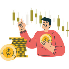 Man points to stock market graph holding gold coin with dollar symbol and stack of coins beside him in a flat design style illustration with transparent background