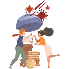 Man Protects Woman From Falling Virus Particles With Umbrella Shielding Stack Of Coins On Transparent Background