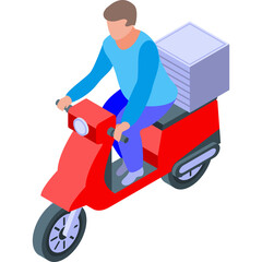 Man riding a red scooter with a light blue shirt and blue pants carrying a white box on the back with a transparent background in isometric view