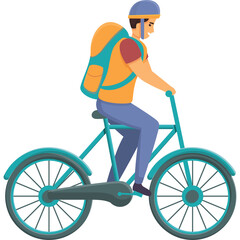 Man riding a teal bicycle wearing a blue helmet and maroon shirt with a large orange backpack on a transparent background